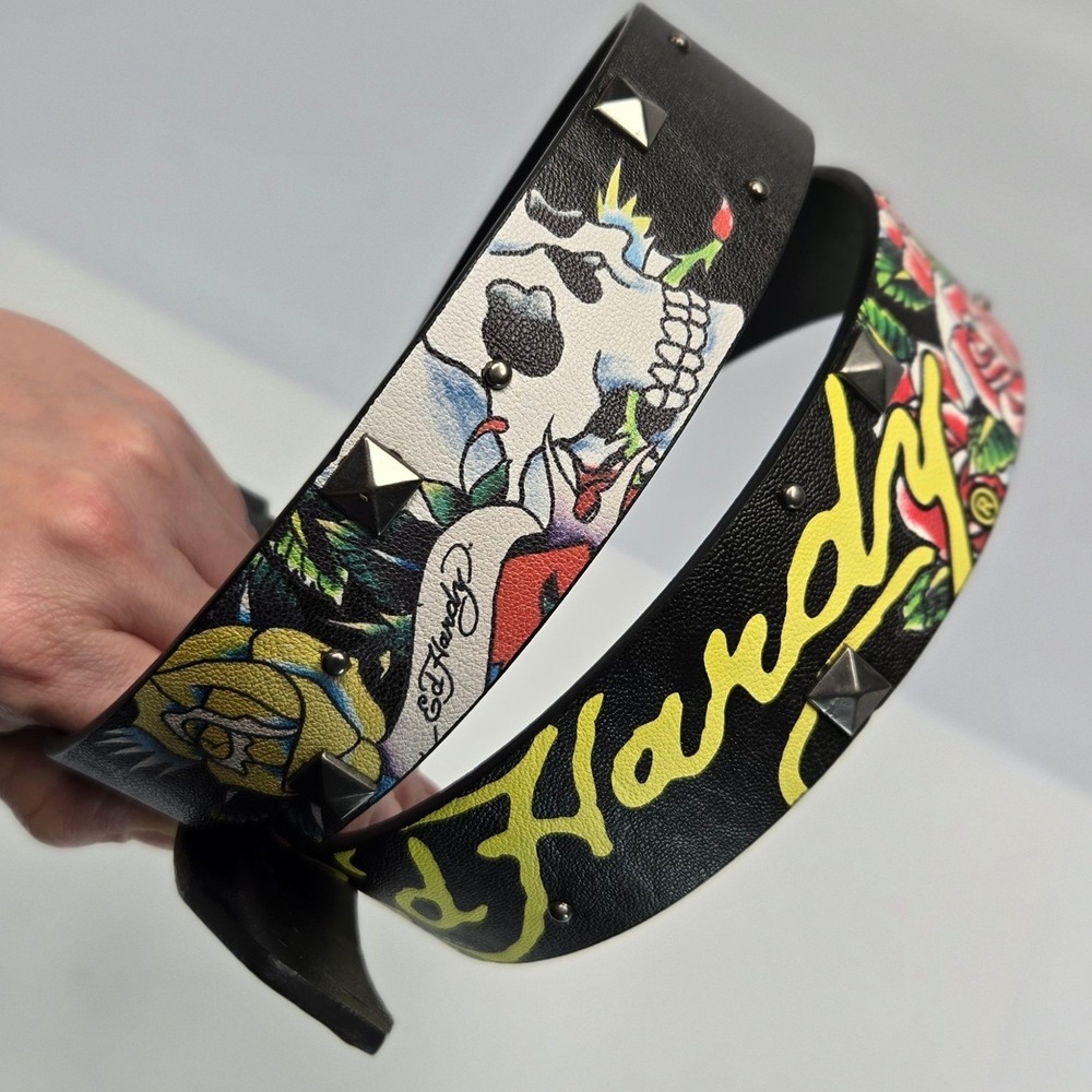 Ed Hardy Mens Belt Skull Rose Tattoo Graphic Black Studded Buckle Size 42